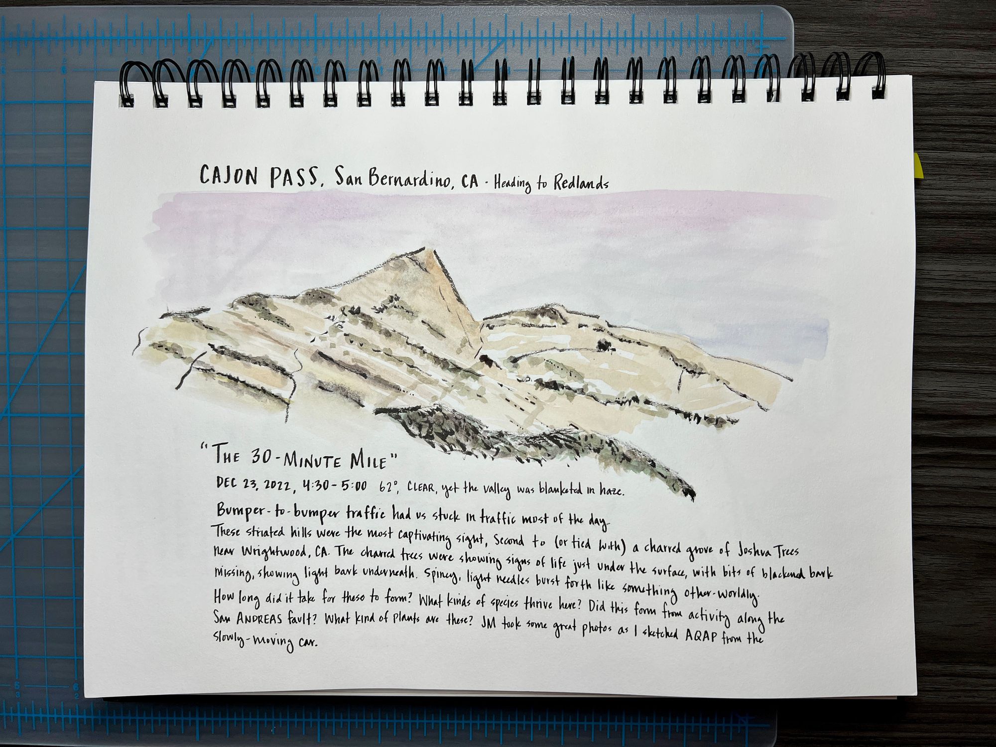 Line and wash nature journal illustration of the Cajon Pass.